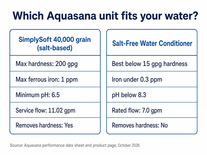 Aquasana SimplySoft 40,000 grain vs Salt-Free Water Conditioner: 200 gpg and 1 ppm iron limits at 11.02 gpm versus under 15 gpg, iron under 0.3 ppm and pH below 8.3 at 7.0 gpm