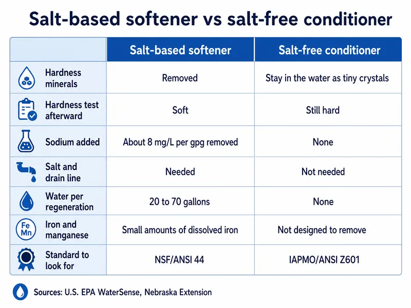 Salt-based softener versus salt-free conditioner: hardness removed or left as crystals, sodium about 8 mg/L per gpg or none, 20 to 70 gallons per regeneration or none, NSF/ANSI 44 versus IAPMO/ANSI Z601