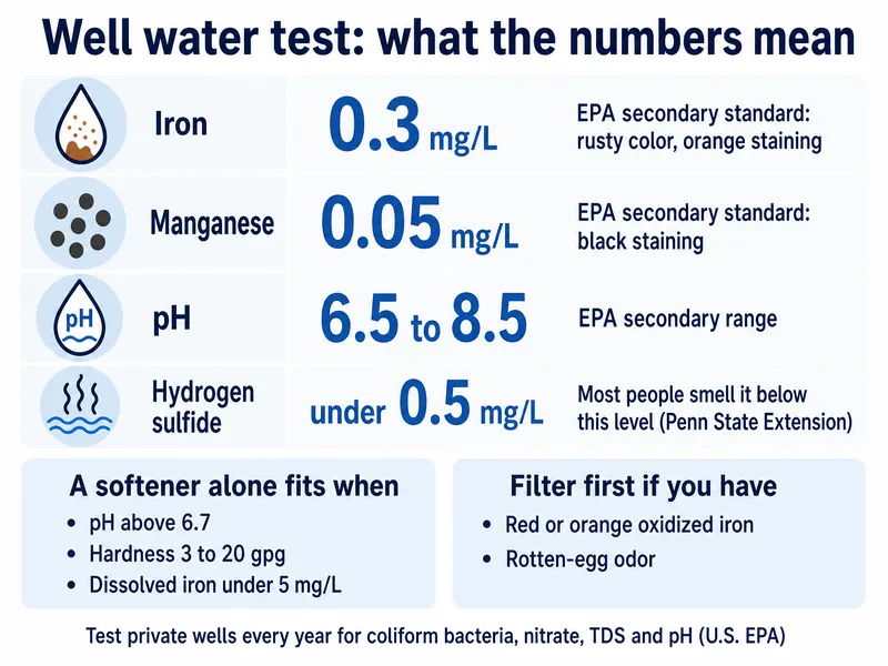 Well water test guide: iron 0.3 mg/L, manganese 0.05 mg/L, pH 6.5 to 8.5, hydrogen sulfide under 0.5 mg/L, and when a softener alone fits