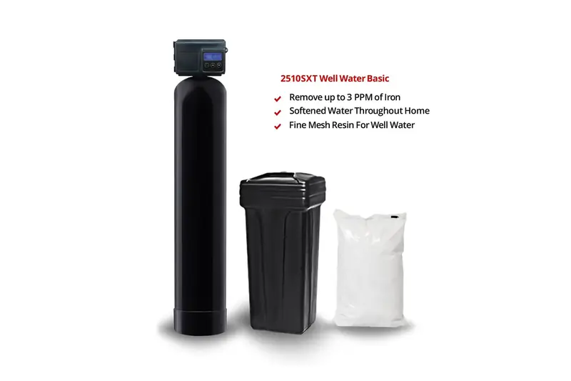 Fleck 2510SXT well water softener package sold by Quality Water Treatment, with valve, mineral tank and brine tank