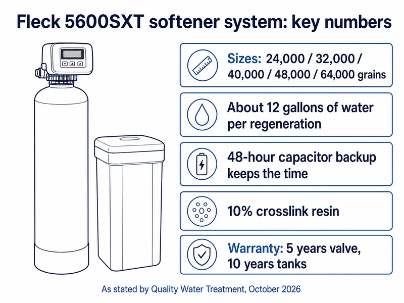 Fleck 5600SXT key numbers: sizes 24,000 through 64,000 grains in five steps, about 12 gallons of water per regeneration, 48-hour capacitor backup, 10% crosslink resin, 5-year valve and 10-year tank warranty