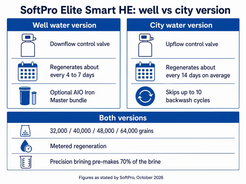 SoftPro Elite well and city versions compared: downflow valve and 4 to 7 days between regenerations versus upflow valve and about 14 days, both in 32,000 to 64,000 grains