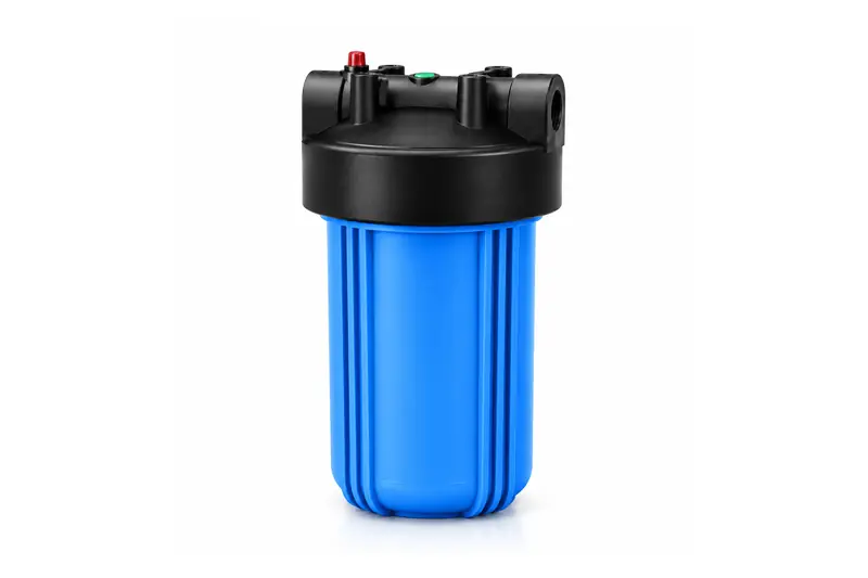 SoftPro FORTRESS salt-free conditioner in a large blue filter housing with a black cap