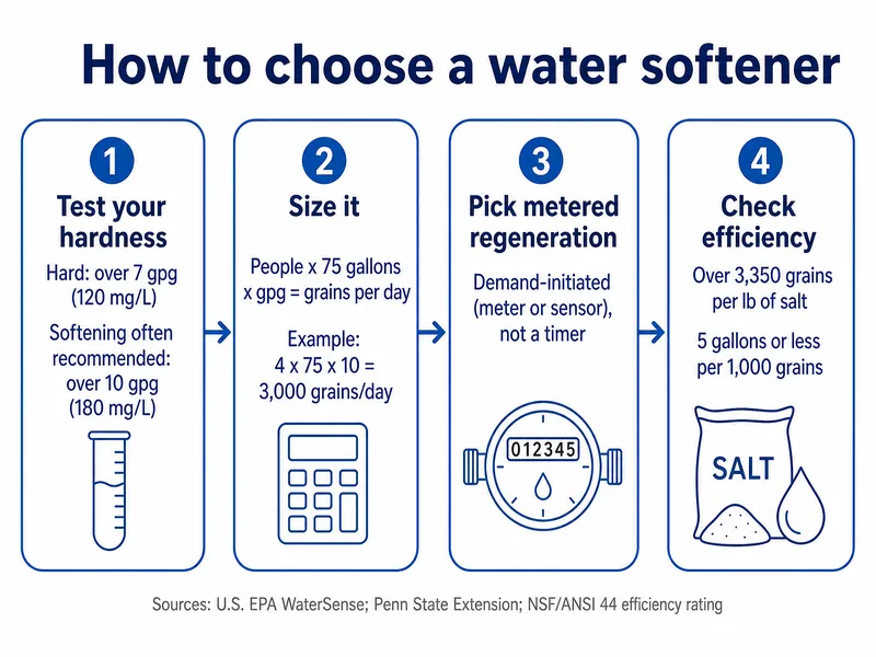 How to choose a water softener in four steps: test hardness, size by people times 75 gallons times gpg, pick demand-initiated regeneration, and check 3,350 grains per pound of salt