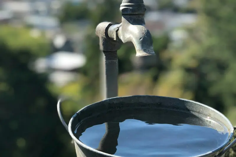 Weathered outdoor water spigot above a metal bucket of well water