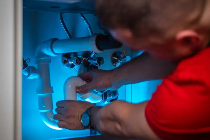 Plumber reaching into a cabinet to work on supply pipes with a wrench