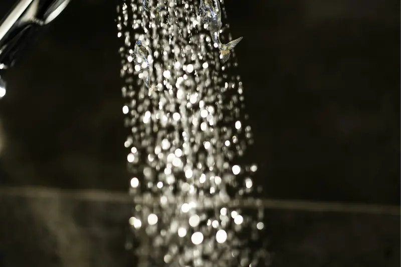 Water streaming from a chrome shower head